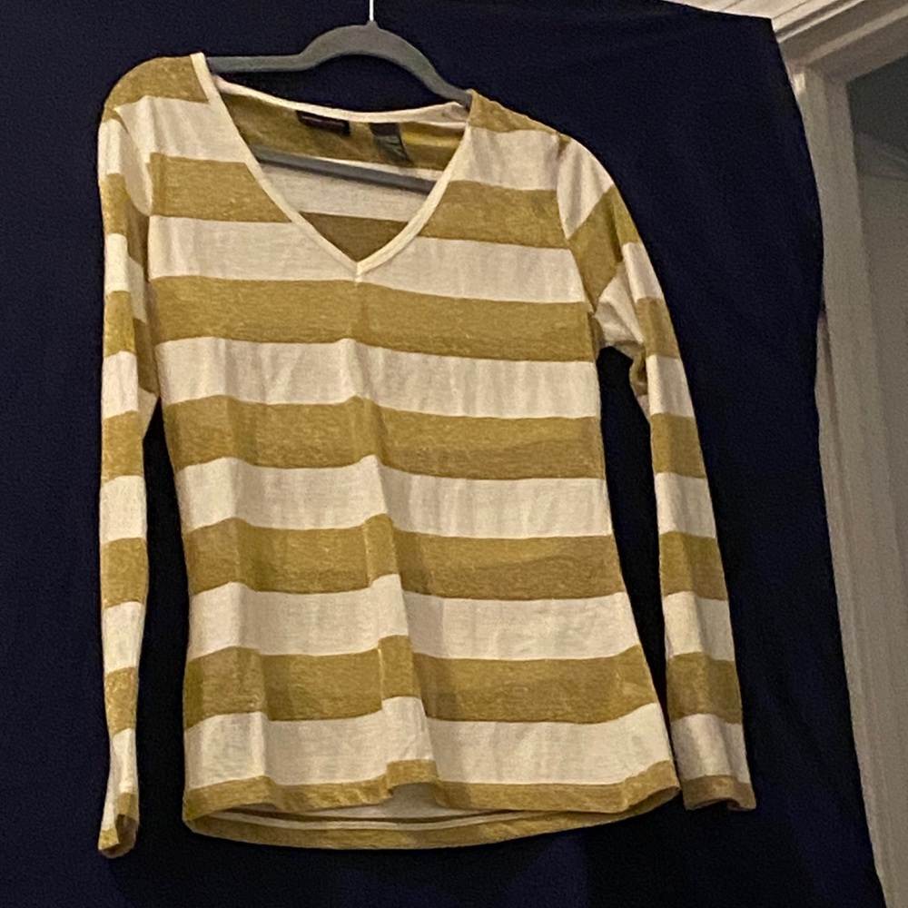 New York & Company Yellow and White Striped Long Sleeve Tee